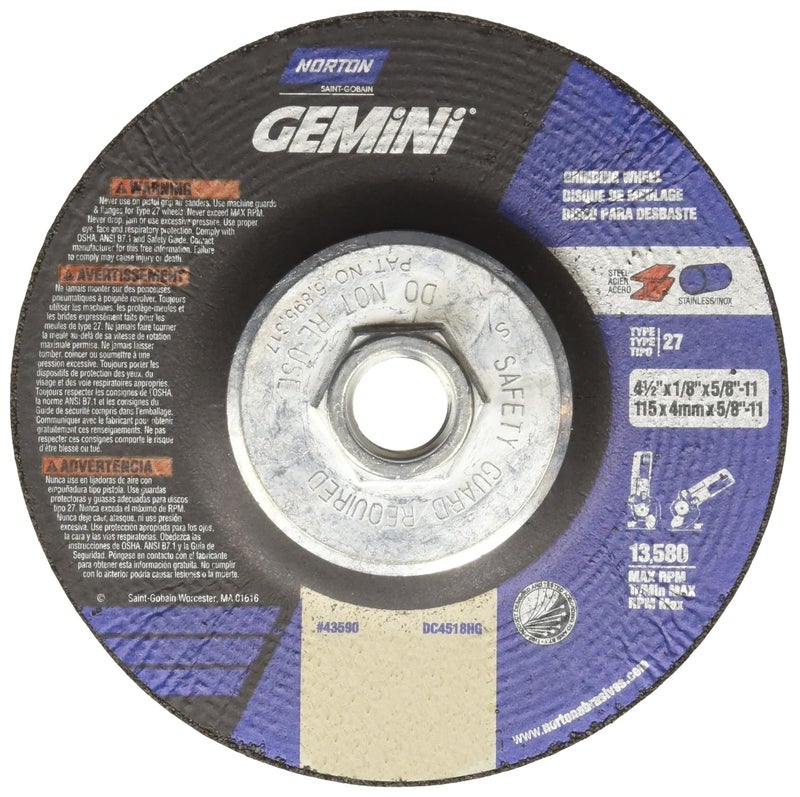 Norton Gemini Depressed Center Abrasive Wheel, Type 27, Aluminium Oxide, 5/8"-11 Hub, 4-1/2" Diameter x 1/8" Thickness (Pack of 10) - Image 1