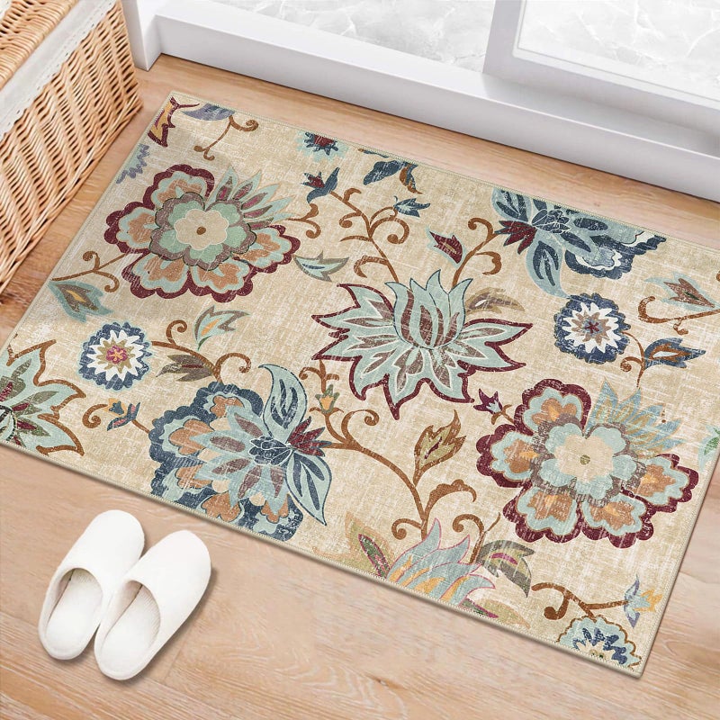 Beeiva Floral Small Entryway Area Rug, 2x3 Beige Washable Kitchen Rug Non Slip Front Door Rug Indoor Entrance, Modern Plant Doormat Non-Shedding Throw Entry Rugs for Inside House Bedroom Bathroom - Image 1