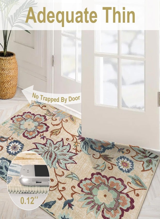 Beeiva Floral Small Entryway Area Rug, 2x3 Beige Washable Kitchen Rug Non Slip Front Door Rug Indoor Entrance, Modern Plant Doormat Non-Shedding Throw Entry Rugs for Inside House Bedroom Bathroom - Image 3