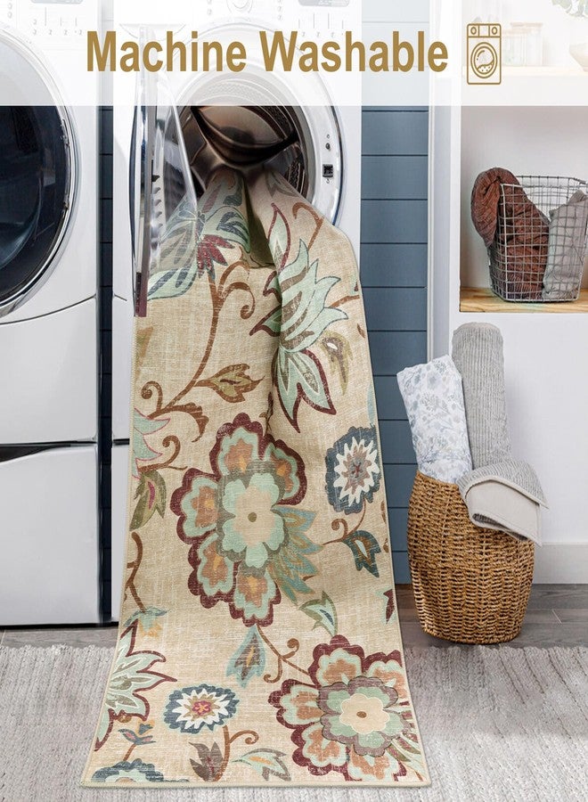 Beeiva Floral Small Entryway Area Rug, 2x3 Beige Washable Kitchen Rug Non Slip Front Door Rug Indoor Entrance, Modern Plant Doormat Non-Shedding Throw Entry Rugs for Inside House Bedroom Bathroom - Image 4
