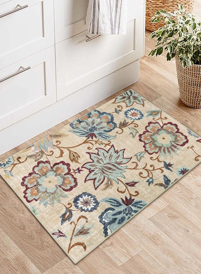 Beeiva Floral Small Entryway Area Rug, 2x3 Beige Washable Kitchen Rug Non Slip Front Door Rug Indoor Entrance, Modern Plant Doormat Non-Shedding Throw Entry Rugs for Inside House Bedroom Bathroom - Image 2