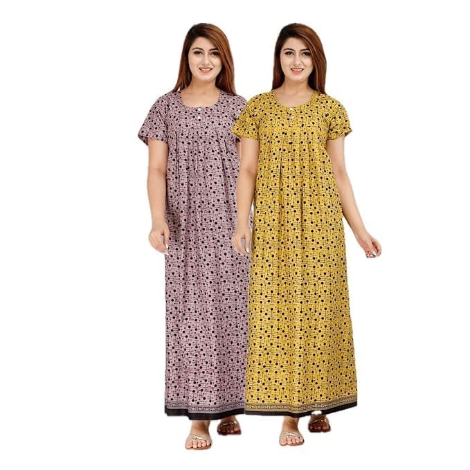Vlazom Women’s Cotton Printed Maxi Nighty – Ankle Length Night Dress Gown, Pack of 2, Free Size – Soft & Breathable Sleepwear (Purple&Yellow, Free Size) - Image 1