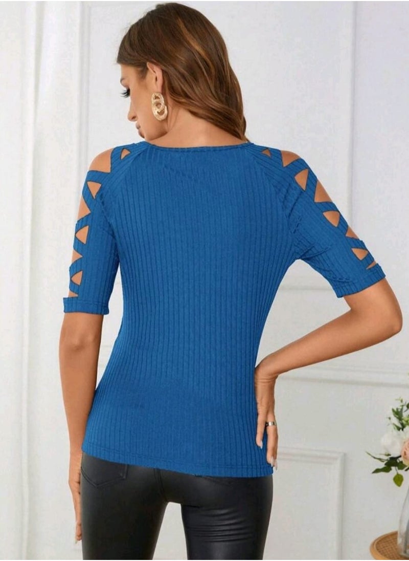 Shein - Short Sleeve T-Shirt With Keyhole Neckline Cut-Out - Image 1