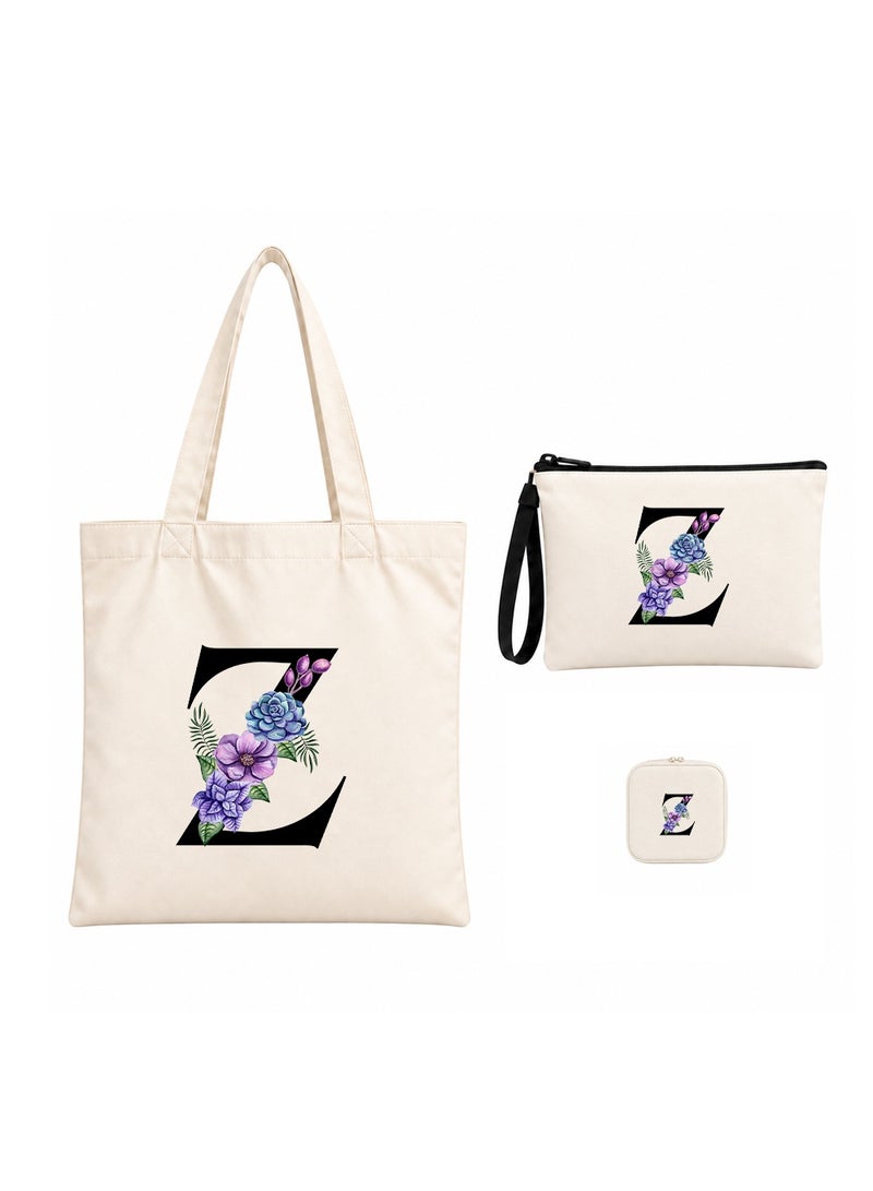 برينت شوب فور مي مجموعة هدايا (حرف مزين بالزهور): حقيبة تسوق (Tote Bag) + حقيبة صغيرة (Pouch) + علبة مجوهرات (3 في 1) - Image 1