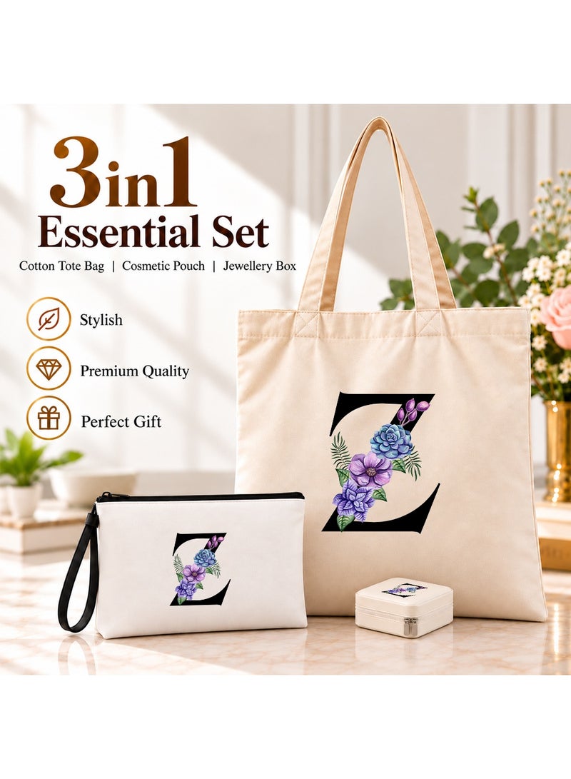برينت شوب فور مي مجموعة هدايا (حرف مزين بالزهور): حقيبة تسوق (Tote Bag) + حقيبة صغيرة (Pouch) + علبة مجوهرات (3 في 1) - Image 2