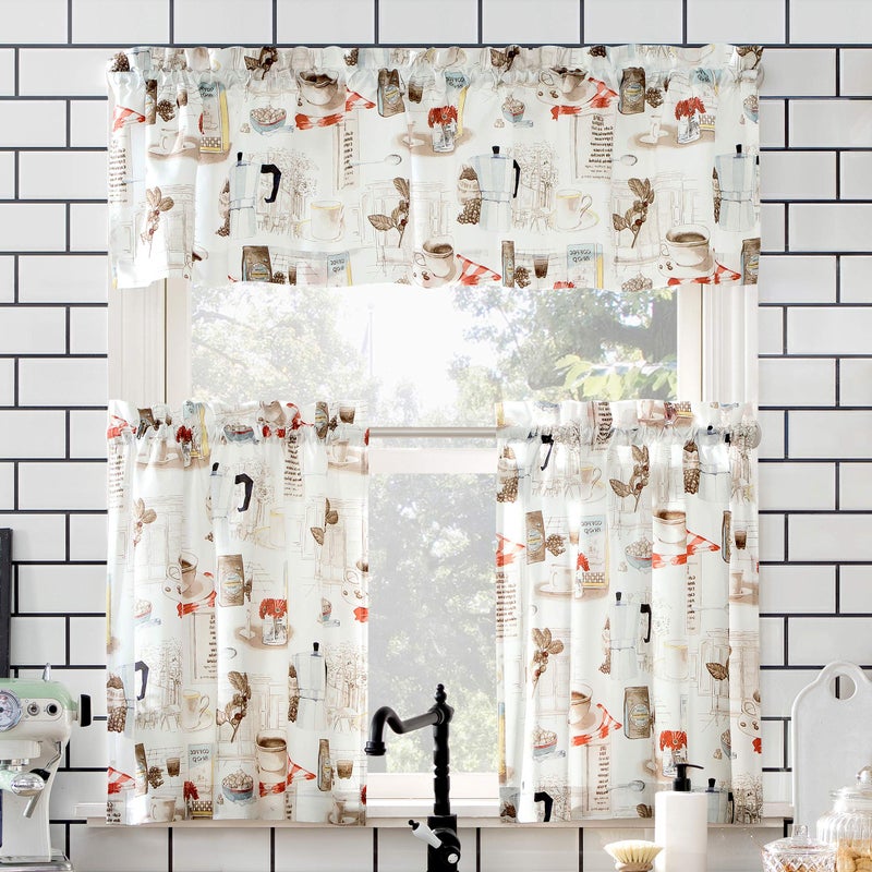No 918 Brew Coffee Shop SemiSheer Rod Pocket Kitchen Curtain Valance and Tiers Set 54 x 24 White