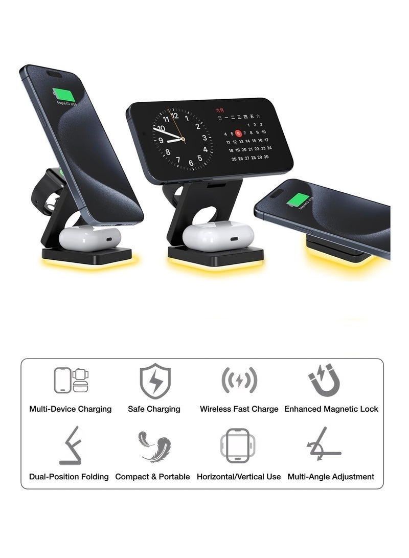Fast Wireless Charger, Magnetic Foldable 3 in 1 Charging Station compatible with iPhone 16/15/14/13/12/Pro/Plus/Pro Max,15W Portable Charger for Apple Watch10/9/8/7/6/5/4/3/SE, compatible with Airpods3/2/Pro-Black - Image 3