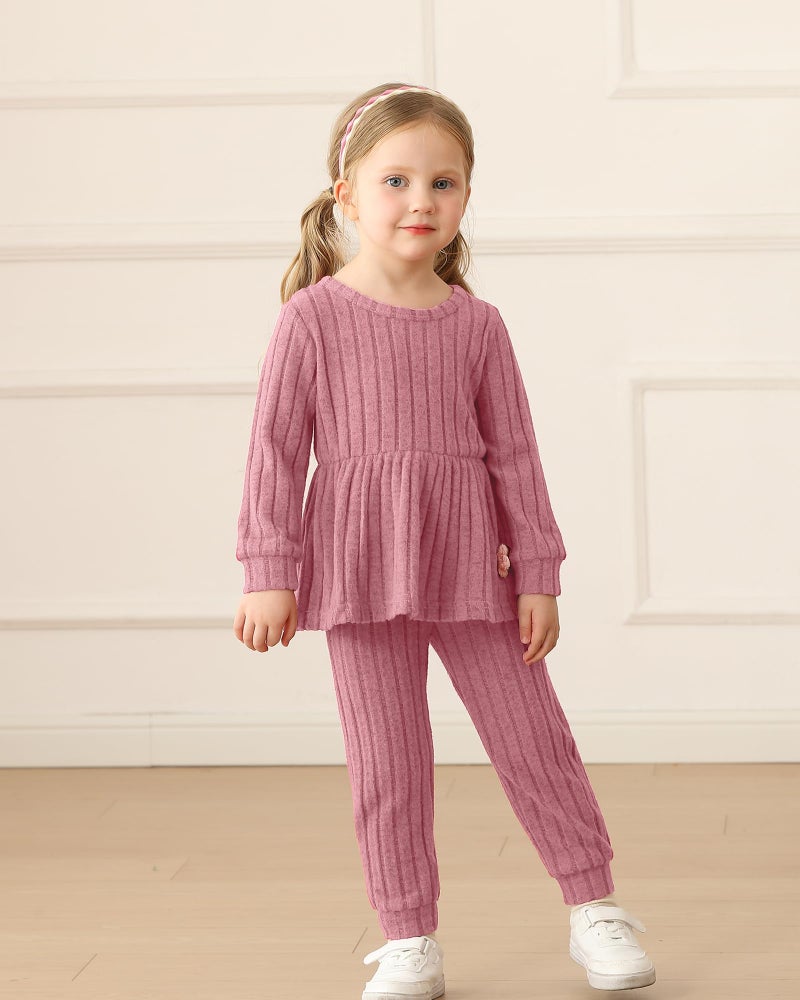 Mioglrie Baby Girl Clothes 18-24 Months Fall Winter Toddler Girl Outfits Pink Rib Clothing Sweatshirt Top Cute Casual Solid Pants Set - Image 2