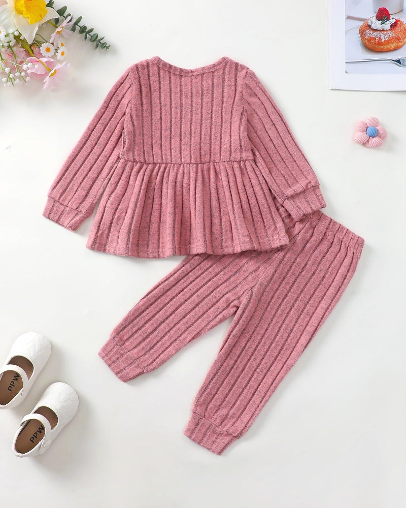 Mioglrie Baby Girl Clothes 18-24 Months Fall Winter Toddler Girl Outfits Pink Rib Clothing Sweatshirt Top Cute Casual Solid Pants Set - Image 4