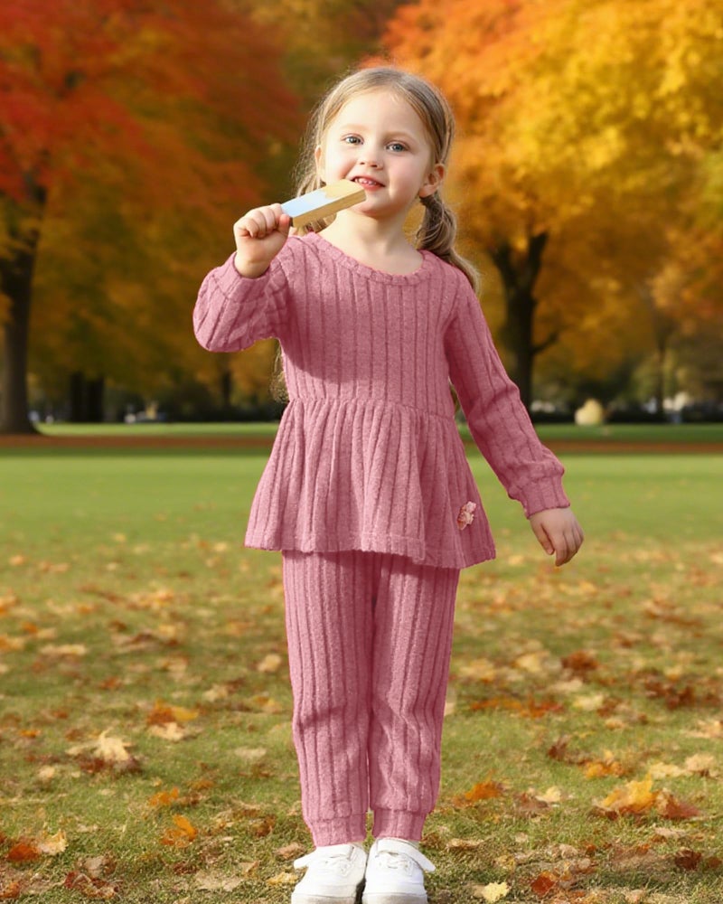 Mioglrie Baby Girl Clothes 18-24 Months Fall Winter Toddler Girl Outfits Pink Rib Clothing Sweatshirt Top Cute Casual Solid Pants Set - Image 3