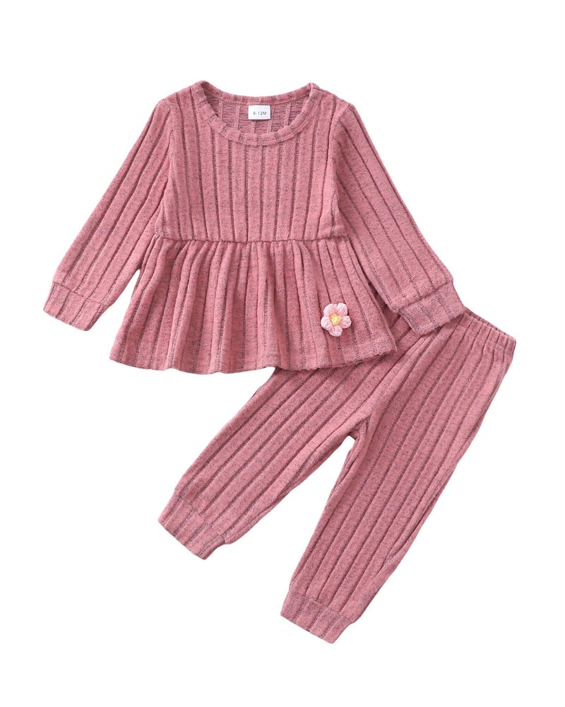 Mioglrie Baby Girl Clothes 18-24 Months Fall Winter Toddler Girl Outfits Pink Rib Clothing Sweatshirt Top Cute Casual Solid Pants Set - Image 1