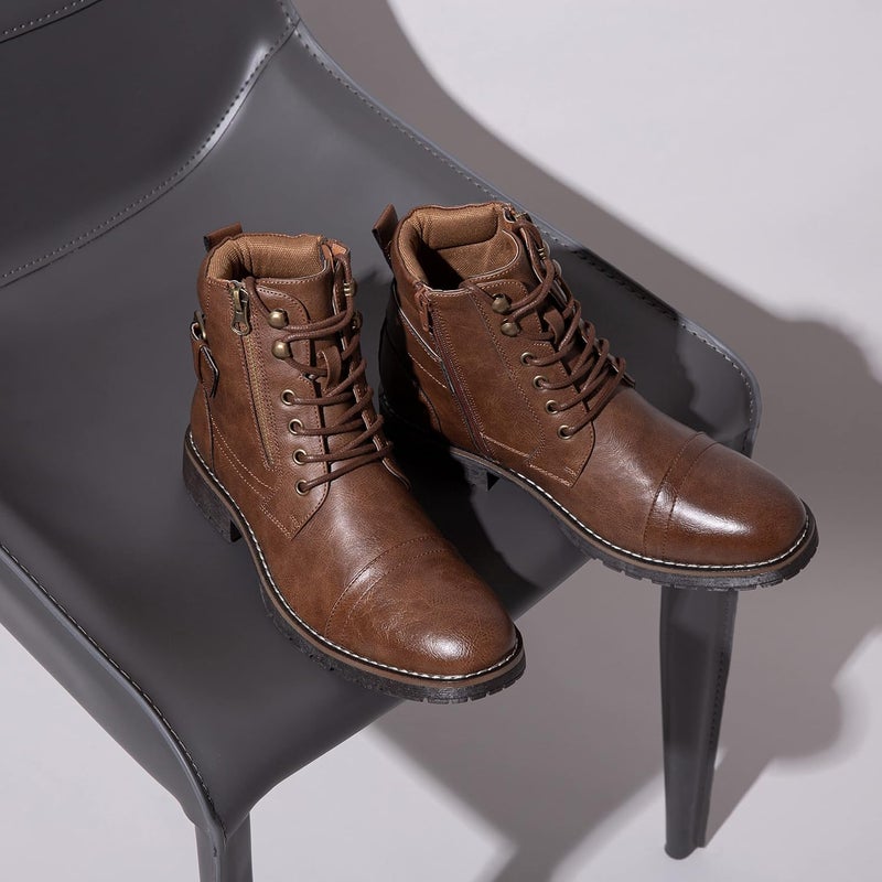 Vostey Men's Dark Brown Combat Motorcycle Ankle Boots - Image 4