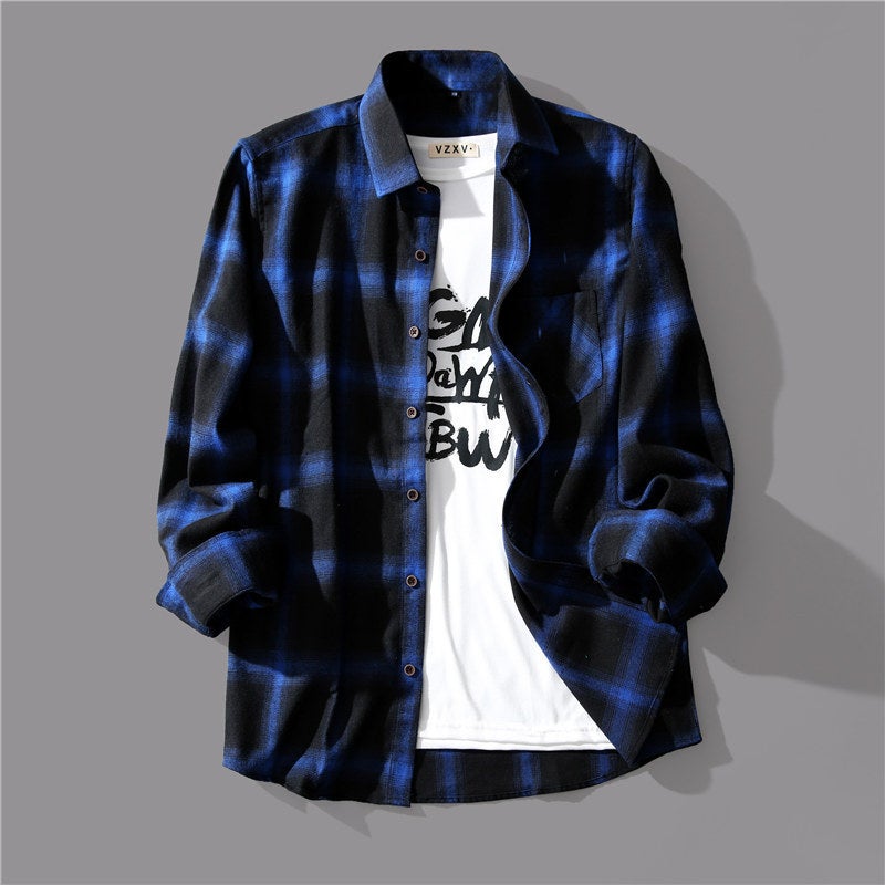 Mens Black White Plaid Shirt Korean Fashion Casual Long Sleeve T-Shirt  - Image 4