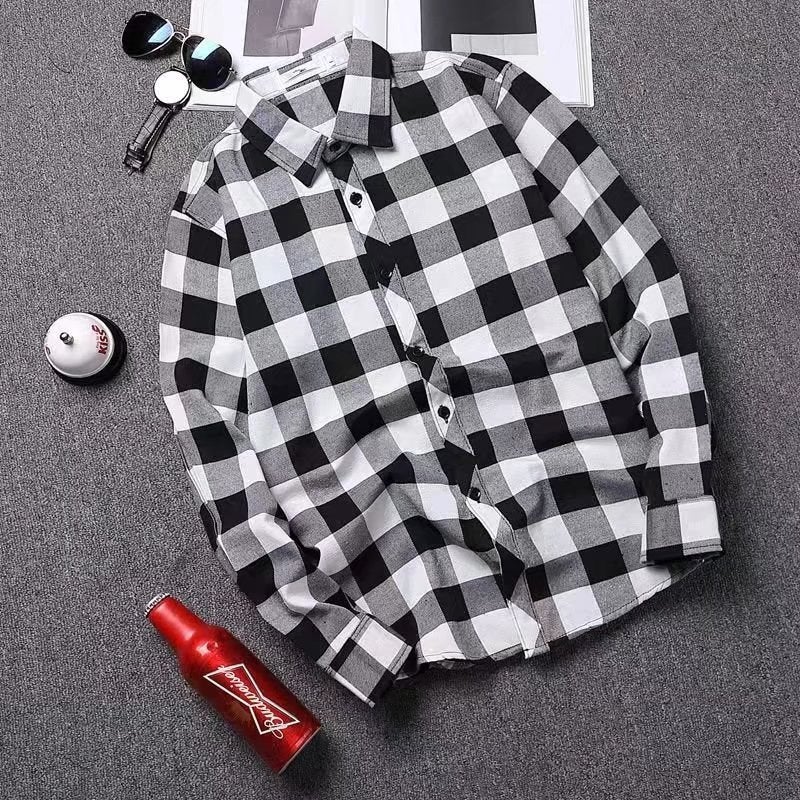 Mens Black White Plaid Shirt Korean Fashion Casual Long Sleeve T-Shirt  - Image 2
