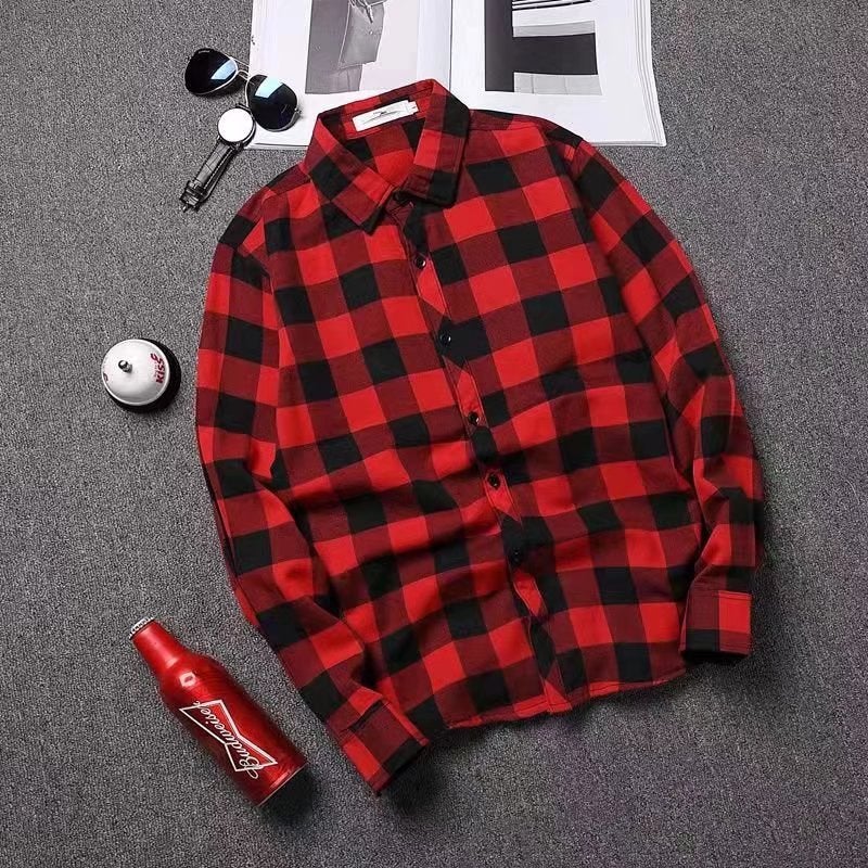 Mens Black White Plaid Shirt Korean Fashion Casual Long Sleeve T-Shirt  - Image 3
