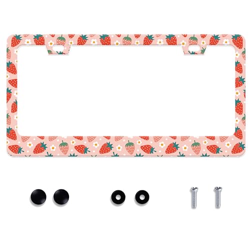 UNINDREM Strawberry License Plate Frame Fruit Stainless Steel License Plate Frame Auto Parts Decoration with Screws License Plate Holder for Men Women 12x6 Inch - Image 1