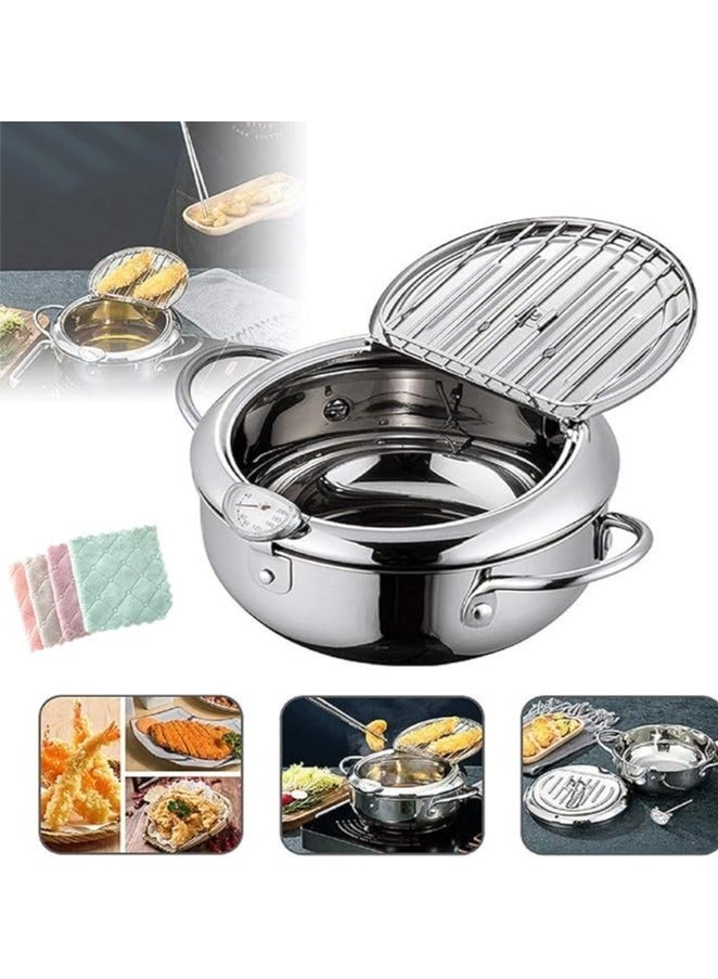 مقلاة عميقة على الطراز الياباني، عميقة صغيرة مع مصفاة، مقلاة بطلاء غير لاصق مع ميزان حرارة وغطاء ورف تصريف لتقطير الزيت للطبخ في المطبخ 20 سم/304 - Image 4