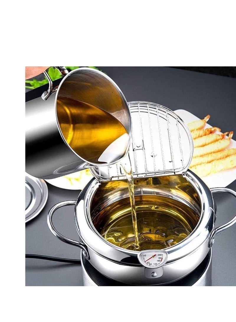 مقلاة عميقة على الطراز الياباني، عميقة صغيرة مع مصفاة، مقلاة بطلاء غير لاصق مع ميزان حرارة وغطاء ورف تصريف لتقطير الزيت للطبخ في المطبخ 20 سم/304 - Image 3