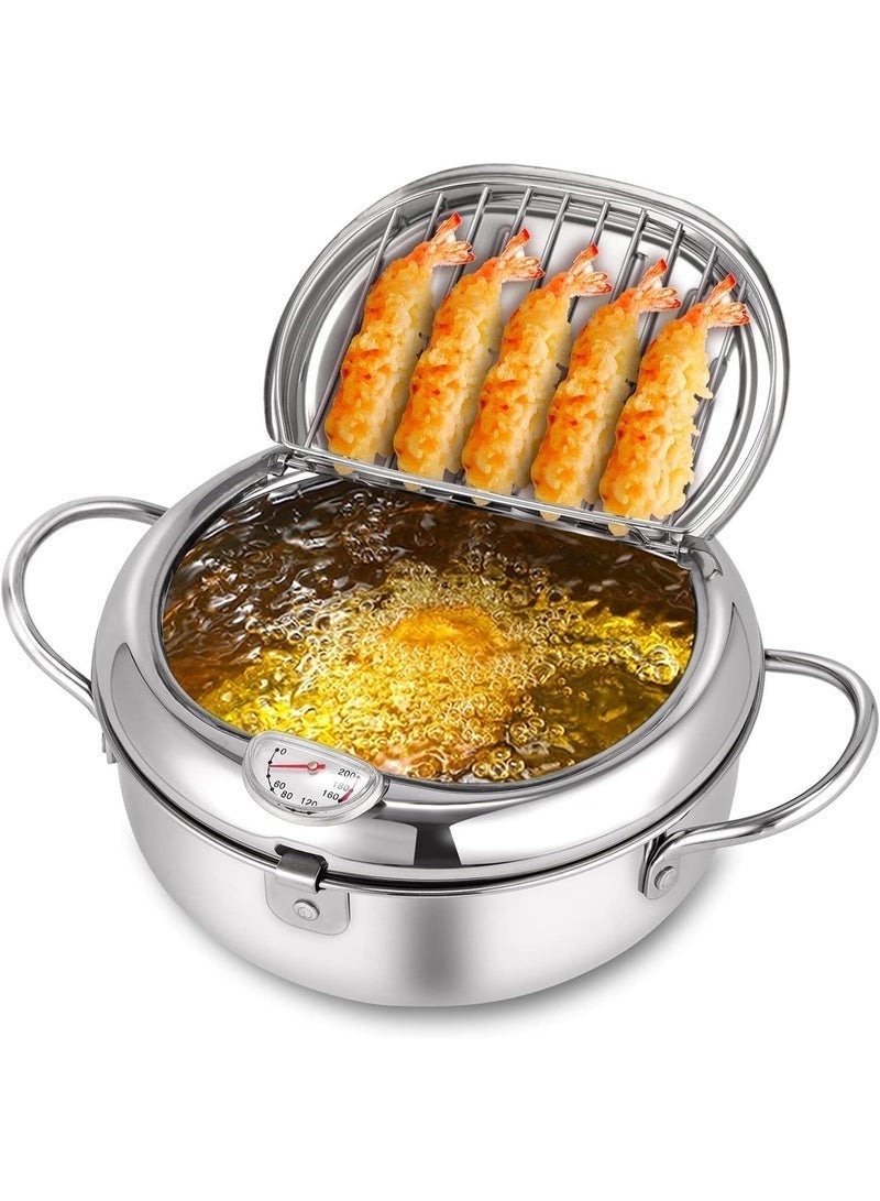 مقلاة عميقة على الطراز الياباني، عميقة صغيرة مع مصفاة، مقلاة بطلاء غير لاصق مع ميزان حرارة وغطاء ورف تصريف لتقطير الزيت للطبخ في المطبخ 20 سم/304 - Image 1