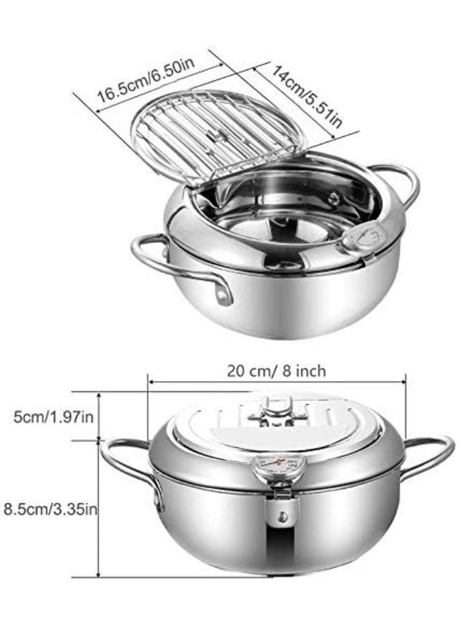 مقلاة عميقة على الطراز الياباني، عميقة صغيرة مع مصفاة، مقلاة بطلاء غير لاصق مع ميزان حرارة وغطاء ورف تصريف لتقطير الزيت للطبخ في المطبخ 20 سم/304 - Image 2