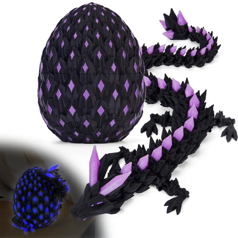 YILCER 3D Printed Dragon Eggs Glow in The Dark Cool 3D Printer Articulated Animals Fidget Toy for Teen Crystal 3D Print Dinosaur Toys for Boys Girls Black Purple - Image 3