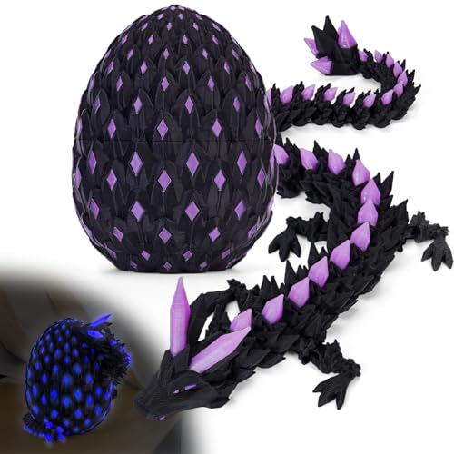 YILCER 3D Printed Dragon Eggs Glow in The Dark Cool 3D Printer Articulated Animals Fidget Toy for Teen Crystal 3D Print Dinosaur Toys for Boys Girls Black Purple - Image 1