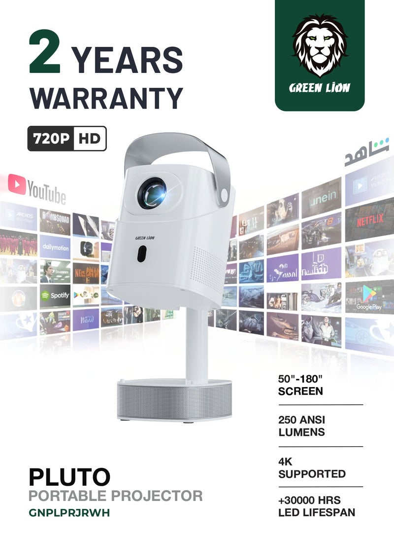 GREEN LION Pluto 4K Portable Projector / High Quality Sound / Remote Control /Wireless Screen Mirroring/720p HD /90° Rotation / Adjustable Height / 50"-180" Screen Size / Movies / Playing Games - White - Image 1