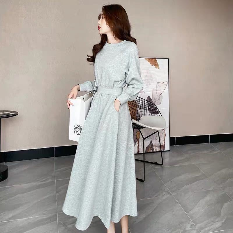 Autumn and Winter New Korean-style Long-sleeved Western-style Age-reducing Artistic Slimming Large Swing Waist Long Sweater Dress Womens Fashion Grey - Image 2