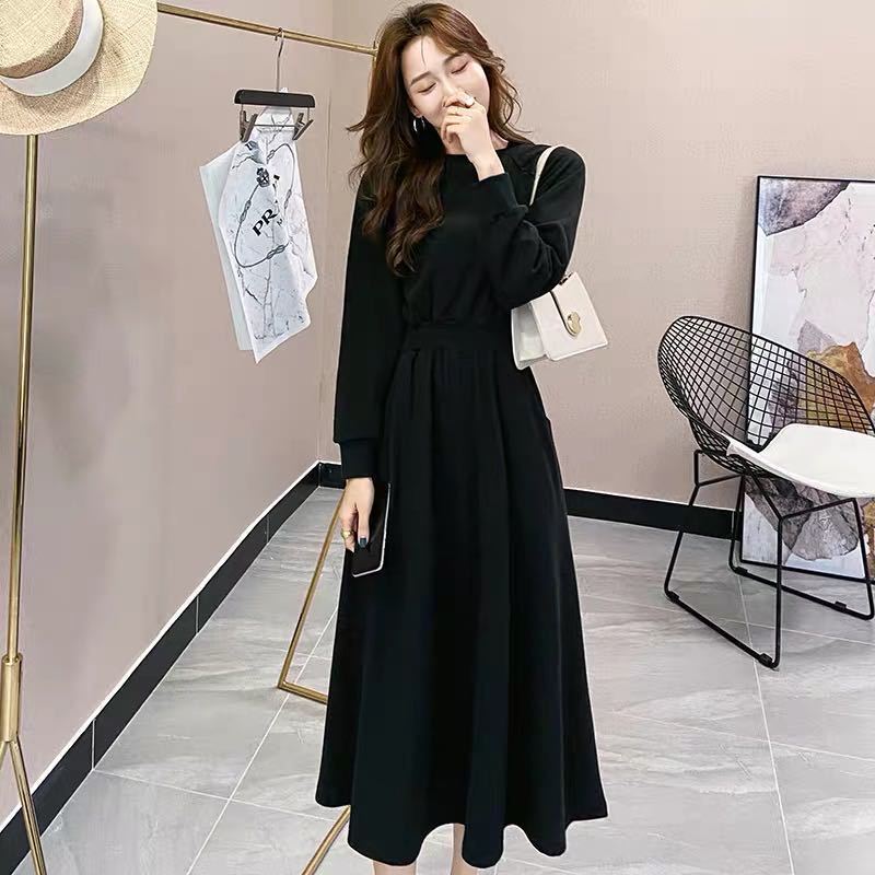 Autumn and Winter New Korean-style Long-sleeved Western-style Age-reducing Artistic Slimming Large Swing Waist Long Sweater Dress Womens Fashion Grey - Image 5