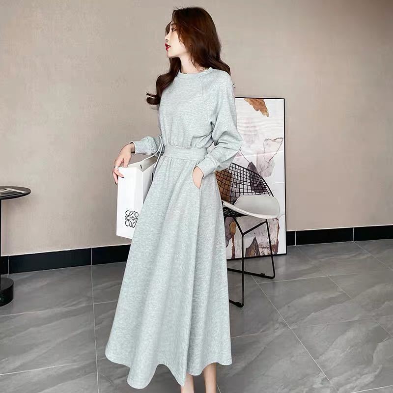 Autumn and Winter New Korean-style Long-sleeved Western-style Age-reducing Artistic Slimming Large Swing Waist Long Sweater Dress Womens Fashion Grey - Image 1