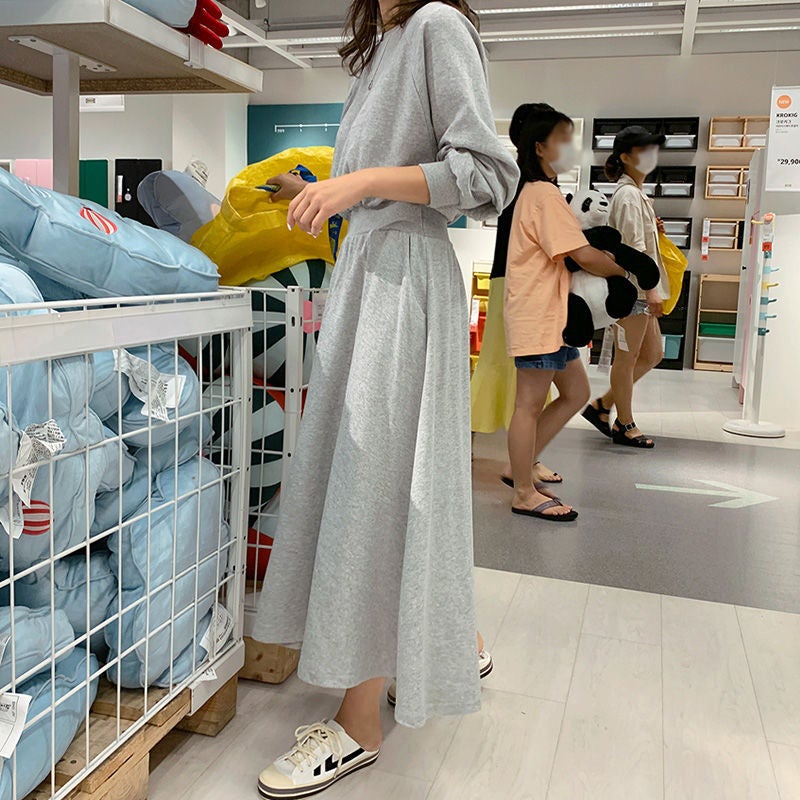 Autumn and Winter New Korean-style Long-sleeved Western-style Age-reducing Artistic Slimming Large Swing Waist Long Sweater Dress Womens Fashion Grey - Image 3