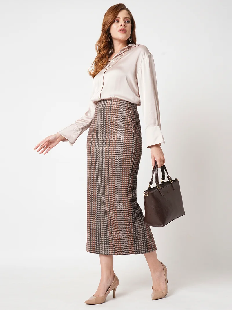 globus Women Printed Stretchable Pencil Back Slit Midi Skirts