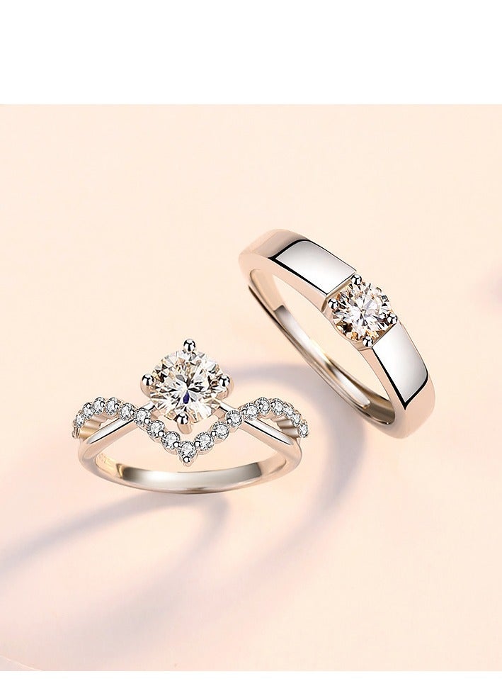 Couple ring, four prongs, 1 carat zircon diamond ring, a pair of open-ended - Image 1
