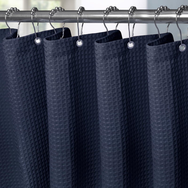 VANZAVANZU Shower Curtain for Bathroom with Metal Hooks Waffle Fabric Shower Curtain Heavy Duty Bath Curtain for Wet Room Bathtub Shower Stall Weighted Hem Water Resistant  182 x 182cm Navy Blue