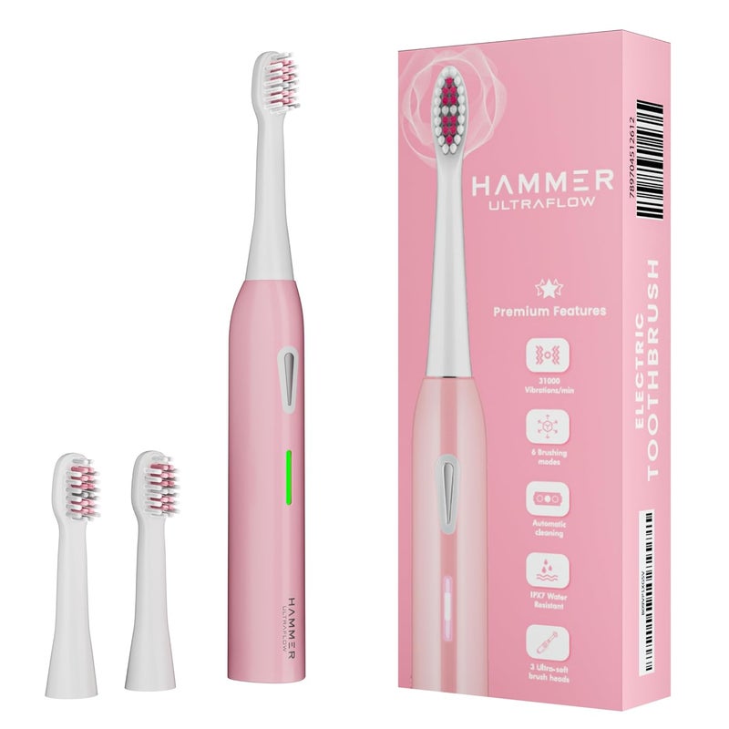 Hammer Ultra Flow Electric Toothbrush and 3 Replaceable Brush Heads for Men and Women, 6 Brushing Modes, Rechargeable Battery, Waterproof, 31000 Strokes per Minute, Super-Soft Bristles, Electric Toothbrush (Pink) - Image 1