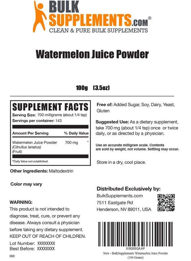 BULKSUPPLEMENTS.COM - Watermelon Juice Powder Vegan Drink Mix Watermelon Powder Pure Watermelon Extract Watermelon Electrolyte (100 Grams 3.5 Oz) - Image 1