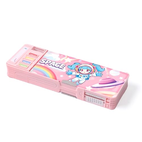Ristpal Pop Up Multifunction Pencil Case with Pencil and Eraser, Cute Cartoon Pen Box Organizer Stationery, Sharpener, Schedule, Best Birthday Gifts for Kids Teens(Pink astronaut) - Image 1