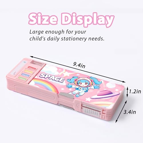 Ristpal Pop Up Multifunction Pencil Case with Pencil and Eraser, Cute Cartoon Pen Box Organizer Stationery, Sharpener, Schedule, Best Birthday Gifts for Kids Teens(Pink astronaut) - Image 5