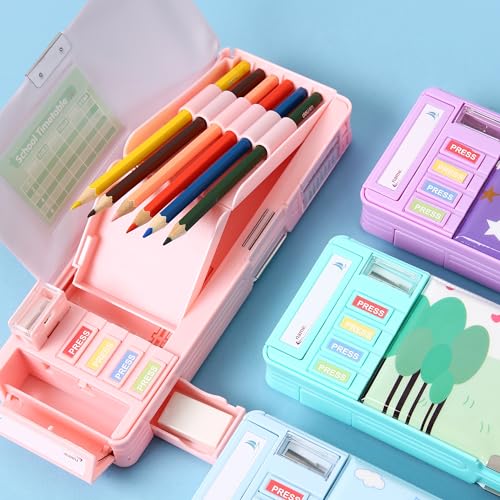 Ristpal Pop Up Multifunction Pencil Case with Pencil and Eraser, Cute Cartoon Pen Box Organizer Stationery, Sharpener, Schedule, Best Birthday Gifts for Kids Teens(Pink astronaut) - Image 3