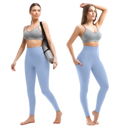 Walifrey Leggings with Pockets for Women, High Waisted Buttery Soft Womens Leggings for Gym Yoga Workout (Light Blue SM) - Image 2
