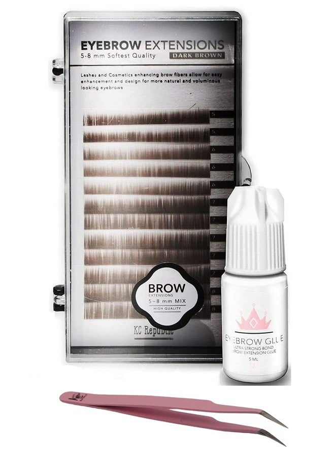 KC Republic Eyebrow Extensions Kit with 1 x Trays of Mink Eyebrows in Dark Brown Comes on Mixed Length Trays 5-8 Mm Mix, Eyebrow Extension Glue Clear & Extension Tweezers (Dark Brown, Pink Tweezer) - Image 1