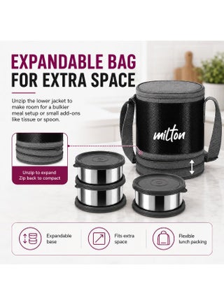 Insulated Stainless Steel Lunch Box 1140ml with 3 Containers Leak Proof Tiffin and Carry Bag for School Office Picnic Black - view 5