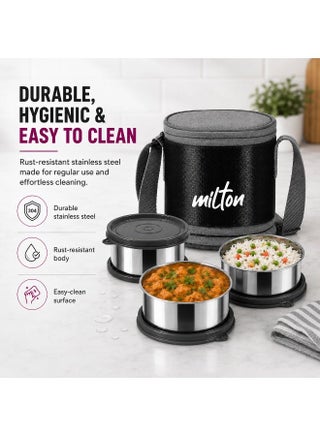 Insulated Stainless Steel Lunch Box 1140ml with 3 Containers Leak Proof Tiffin and Carry Bag for School Office Picnic Black - view 3