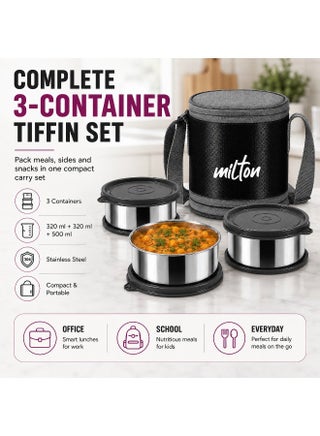 Insulated Stainless Steel Lunch Box 1140ml with 3 Containers Leak Proof Tiffin and Carry Bag for School Office Picnic Black - view 4