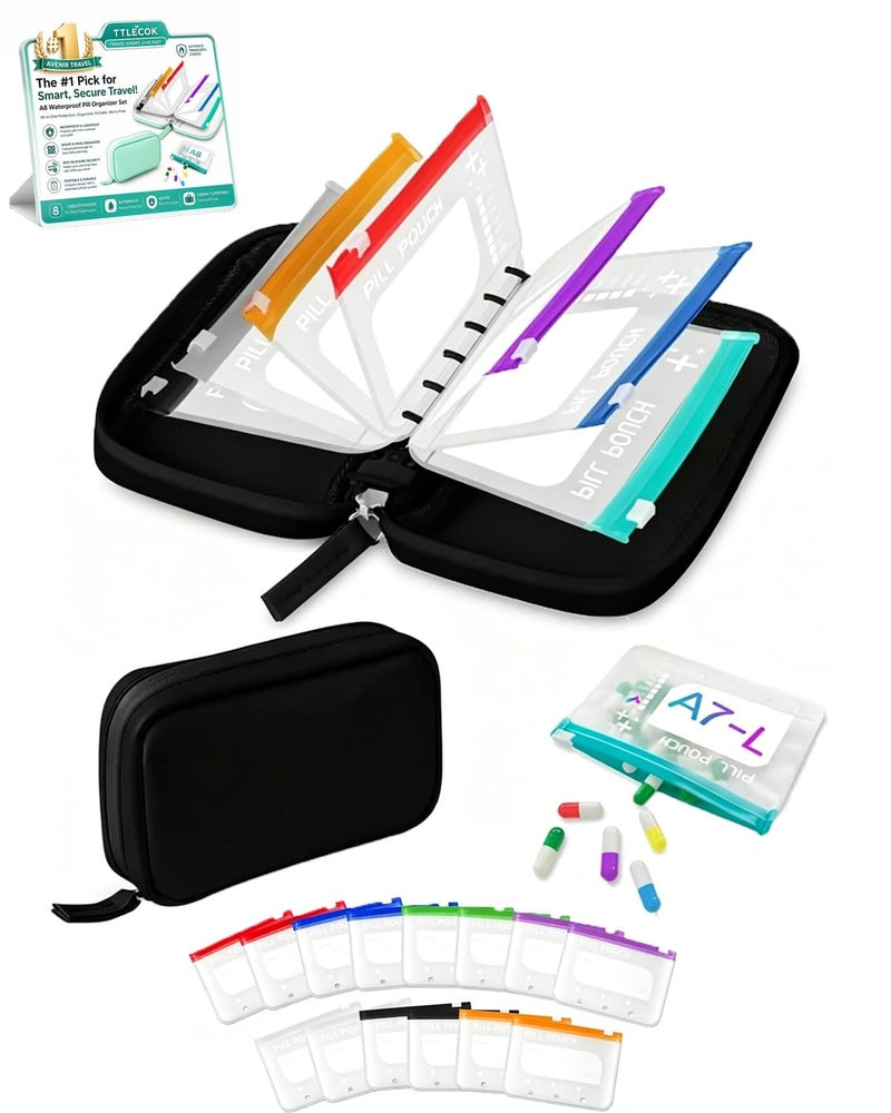 Waterproof Pill Organizer Set: 14 Color-Coded Pouches, Leakproof Reusable Zippered Storage Case - Compact Travel Medicine Holder for Daily Vitamins, Seniors, Women (Black) - Image 1