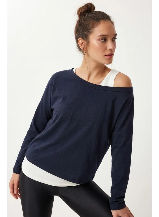 Lovely Istanbul Open Shoulder Viscose Blouse with Tank Top LEN0045 LACIVERT WHITE.