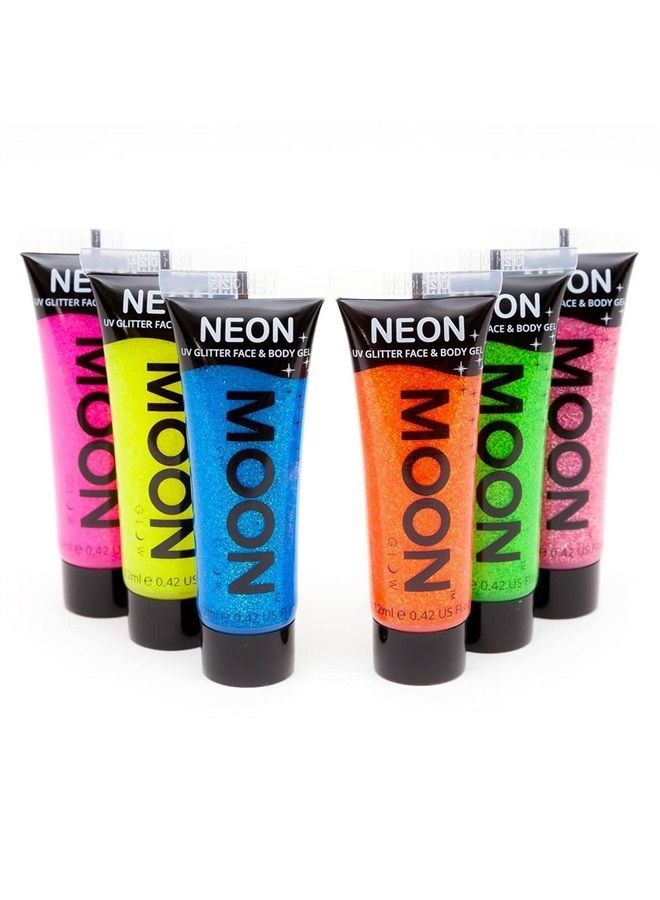 Moon Glow Blacklight UV Glitter Face & Body Gel - 0.42oz Set of 6 - Blacklight Face Paint - glows brightly under Blacklight - Image 1