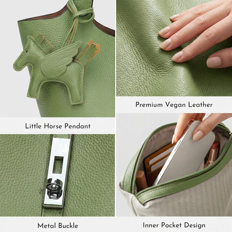 Kadynow Tote Bag for Women Vegan Leather Bucket Purse for Women Top Handle Handbag Shoulder Bag with Detachable Small Purse Green - Image 5