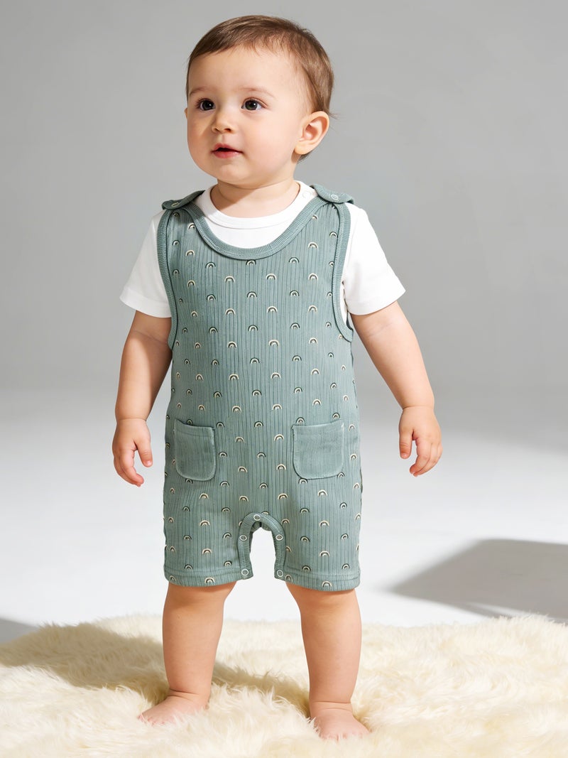 Babies Basic Ribbed Cotton Dungaree with Short Sleeves T-shirt - Image 2