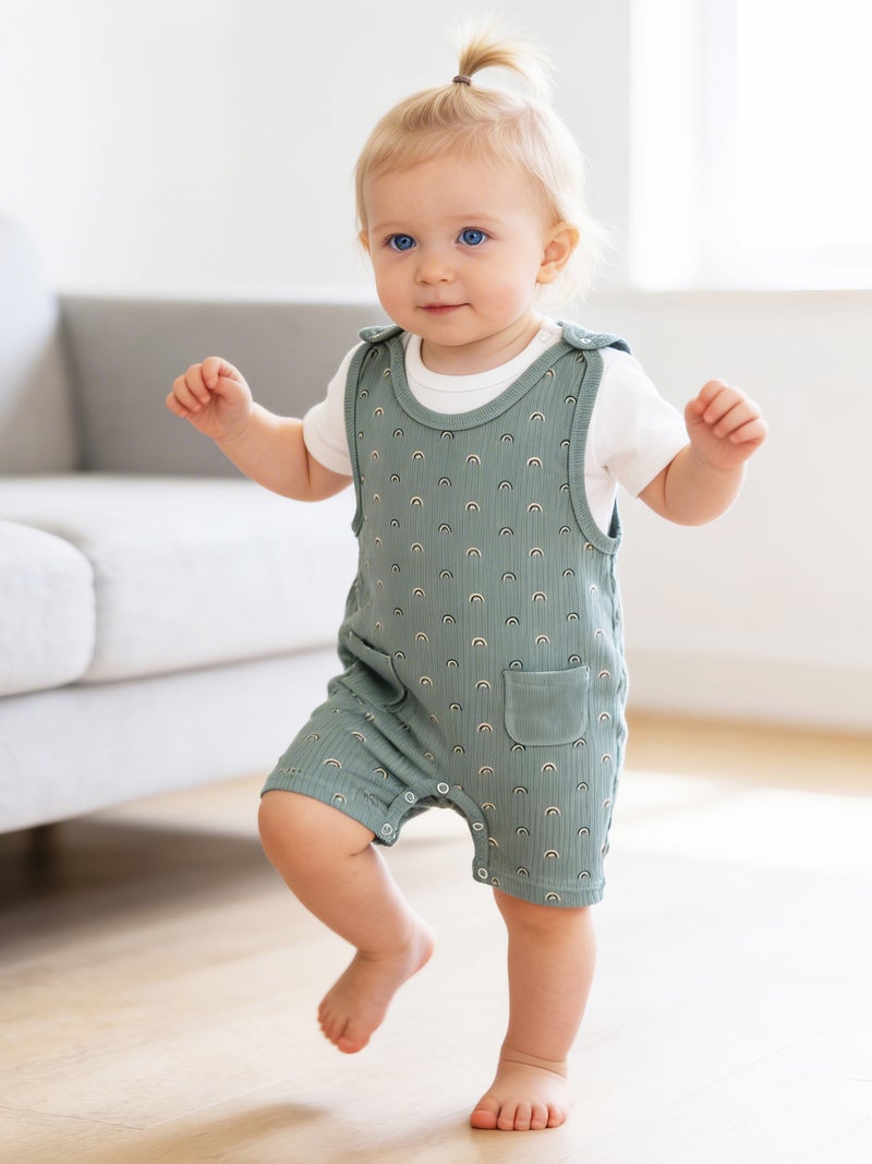 Babies Basic Ribbed Cotton Dungaree with Short Sleeves T-shirt - Image 3